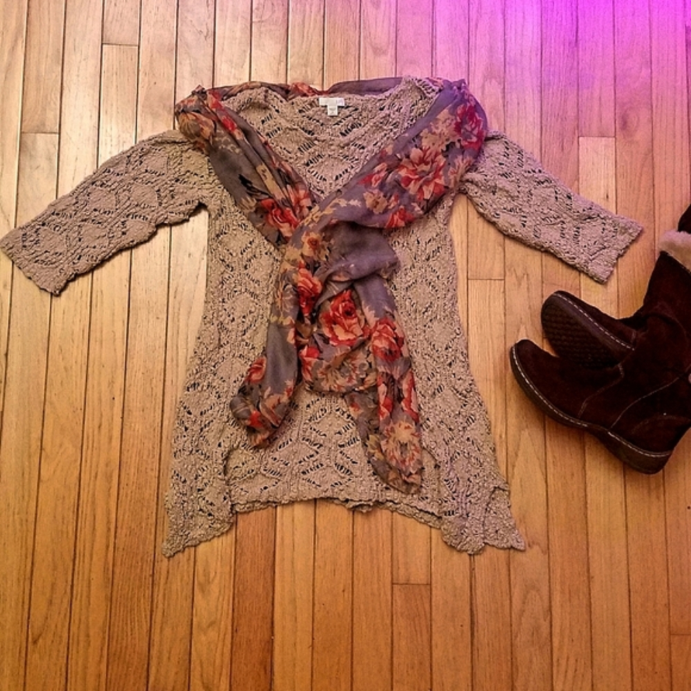 ​J. Jill Open Openwork Cable Crochet Knit Tunic Sweater Cream Beige Medium